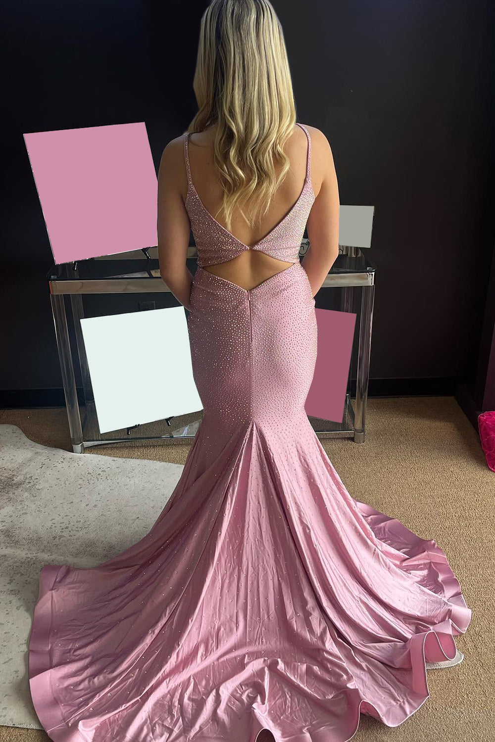 Luolandi Light Pink Spaghetti Straps Keyhole Beaded Long Prom Dress Sexy Evening Dress